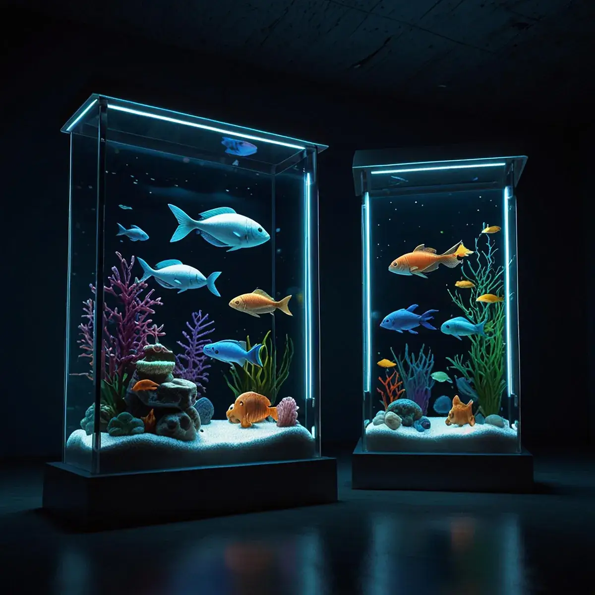 Zwei beleuchtete Aquarien mit bunten Fischen und Korallen.