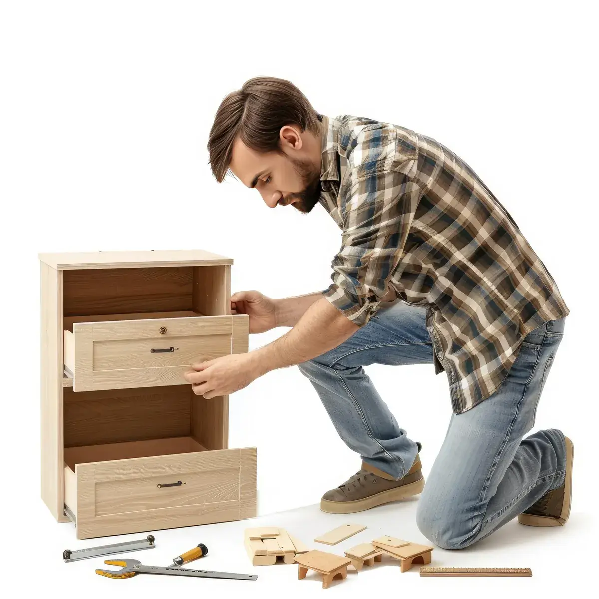 Mann montiert Holzkommode mit Schubladen und Werkzeug.