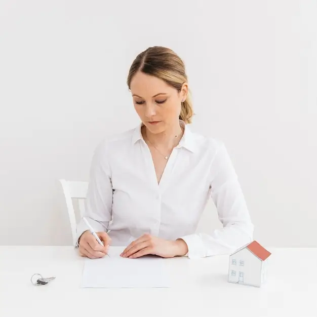 Frau unterzeichnet Immobilienvertrag mit Hausmodell auf Tisch.