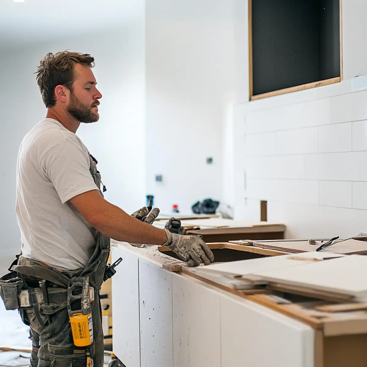 Handwerker installiert Küchenarbeitsplatte bei Renovierungsarbeiten.