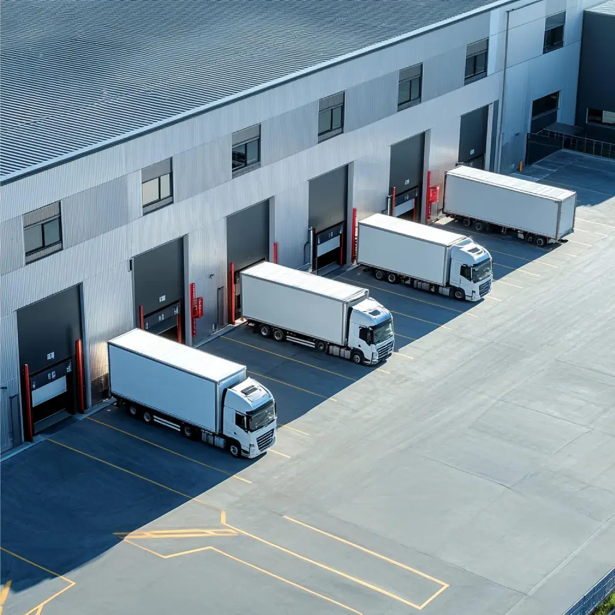 Drei weiße LKW an Laderampen eines Logistikzentrums.