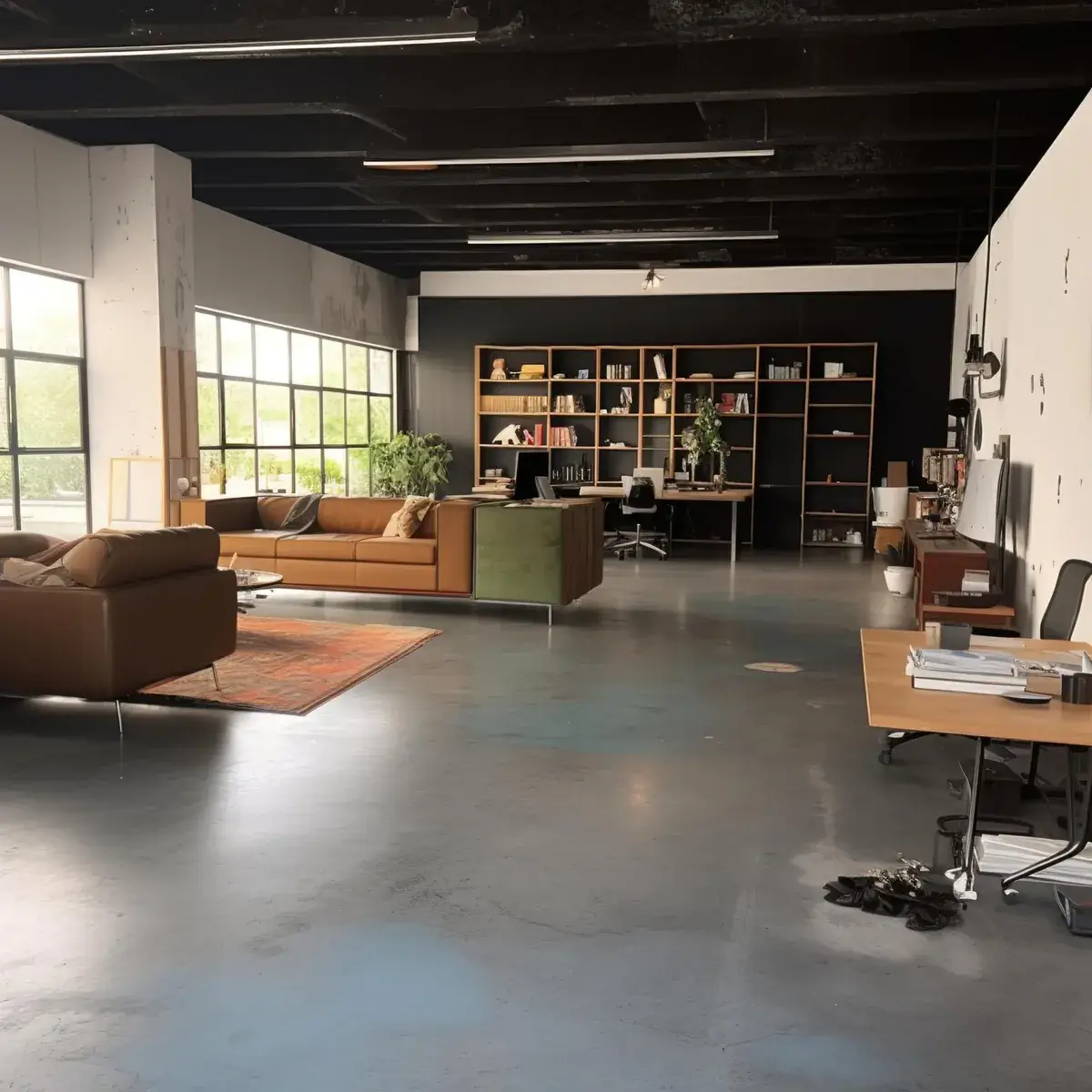 Modernes Loft-Büro mit Ledersofas und Bücherregalen.