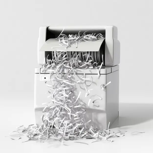 Aktenvernichter zerkleinert Papier in viele Streifen.