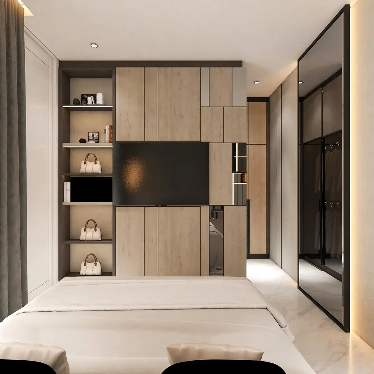 Modernes Schlafzimmer mit Holzschrank, TV und Bett.