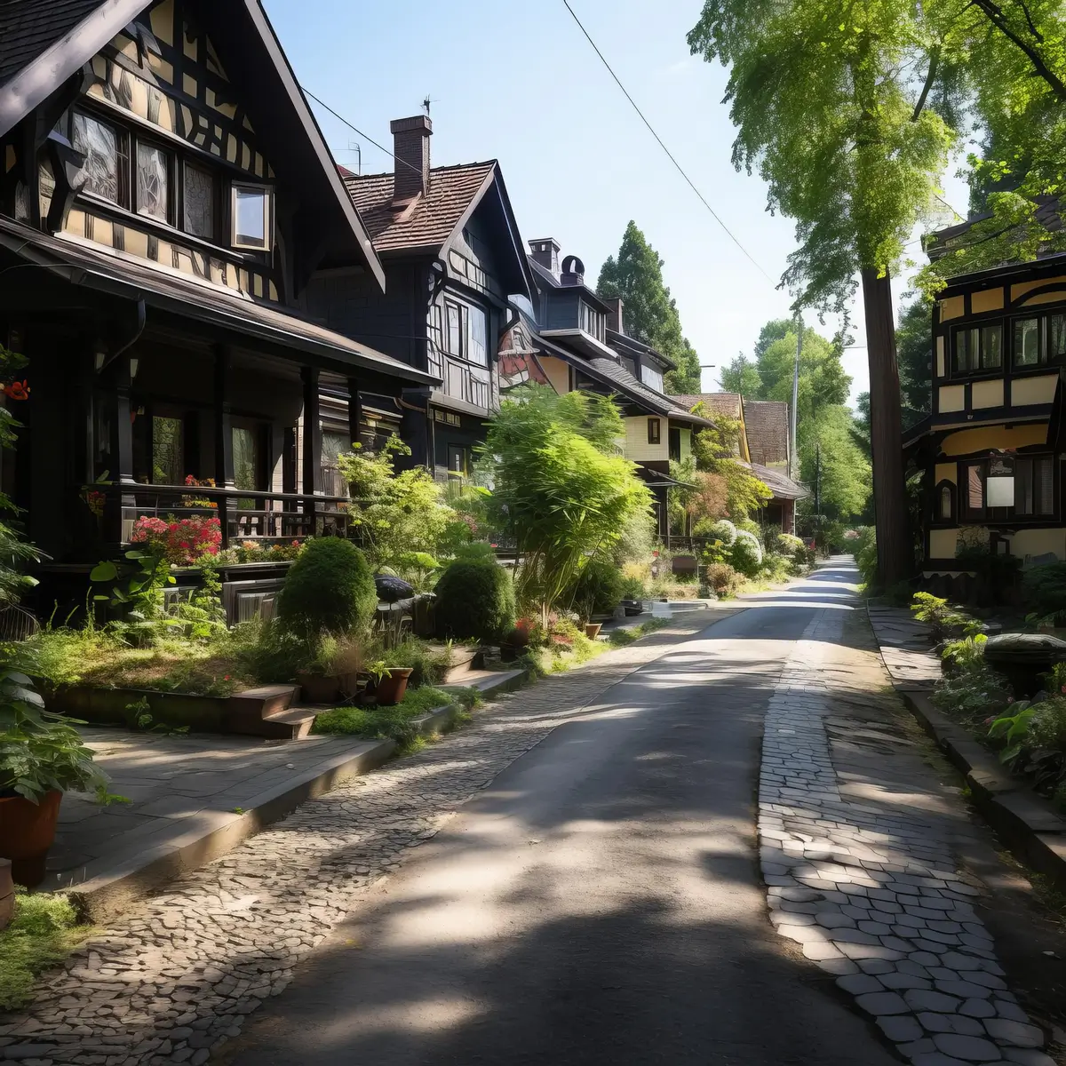 Idyllische Straße mit Fachwerkhäusern und üppigen Gärten.