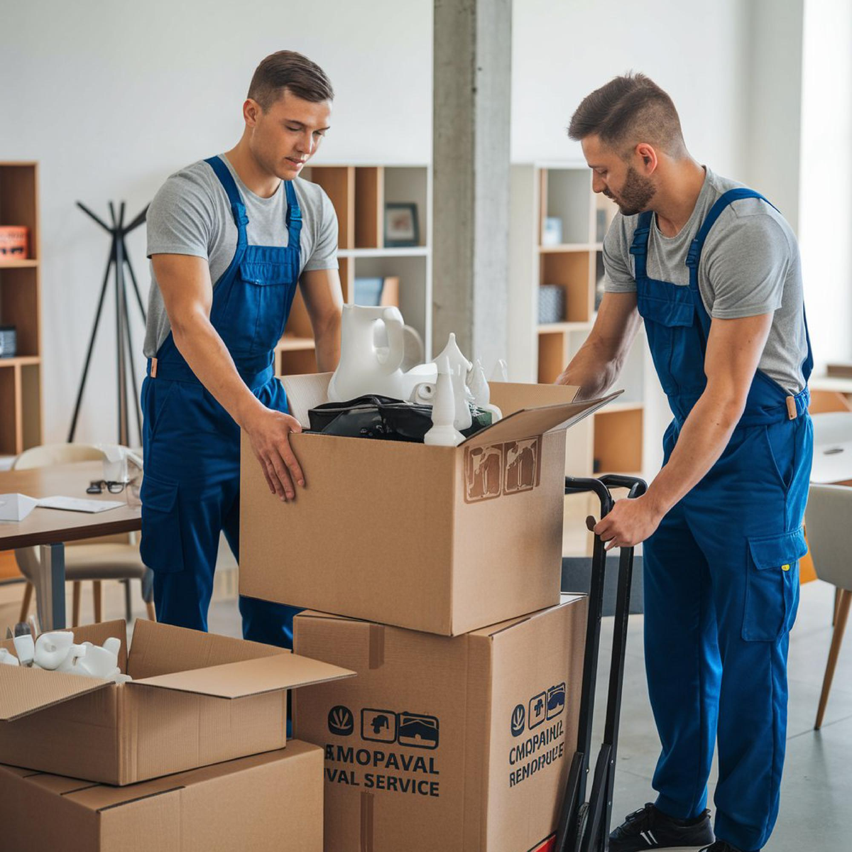 Zwei Umzugshelfer packen Kartons in einem Büro.